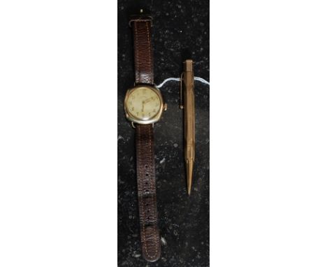 A vintage gentlemans early 20th century Longines rolled gold set on a leather strap. Together with a Yard O Led rolled gold p