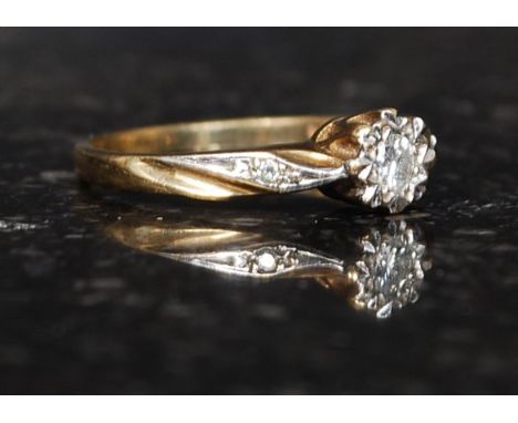 A 9ct gold and diamond single stone ring. The stone approx .15pnts with claw mount, weight 2.3g RS N