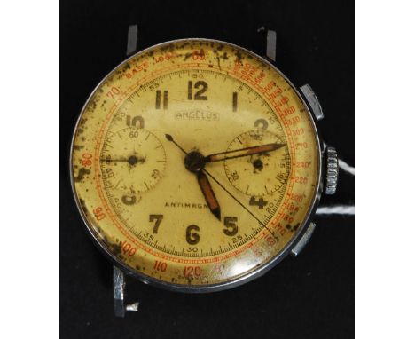 A vintage early 20th century Angelus Chronograph wristwatch. The circular stainless steel body with yellow  dial and faceted 