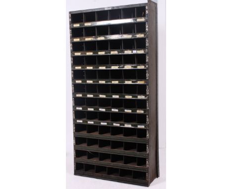 A vintage Industrial 20th century metal office green upright pigeon hole stationary cubby cabinet dating from the 1930's /  1