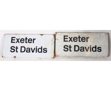 A pair of vintage British Railways enamel station platform signs for Exeter St Davids railway station, Southern region. White