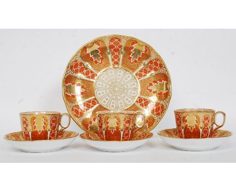 3 stunning 19th century Davenport china teacups and saucers together with a matching sandwich plate in a stunning geometric l