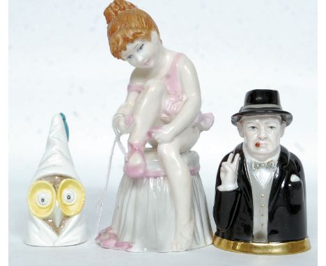 A Royal Worcester ' Owl '  Candle Snuffer with black mark 1976. Together with a Royal Worcester ' Boys and Girls Come Out To 