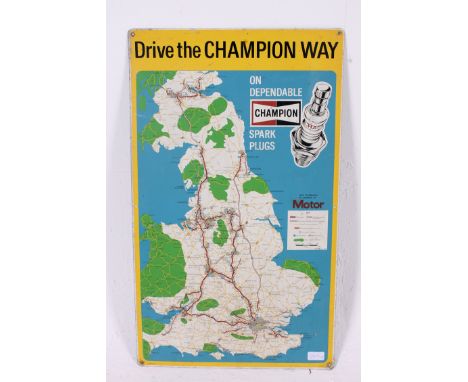 A vintage 20th century enamel painted metal advertising sign for Champion Spark Plugs showing map of England with notation to