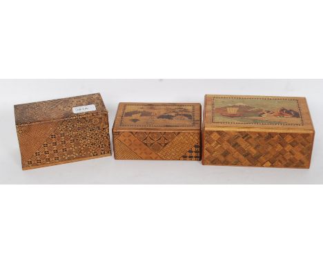 2 Japanese marquetry wooden puzzle boxes  together with a small 2 drawer trinket box