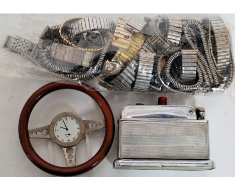 A collection of vintage watch straps - stainless steel 20th examples together with an oversized table lighter and a desk top 