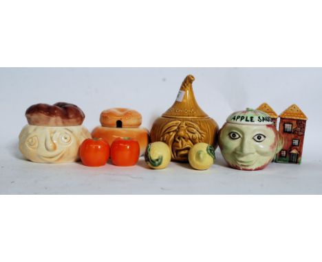 A collection of ceramic novelty lidded serving pots to include Bread sauce, pickled onions salt and pepper cruet sets etc ple