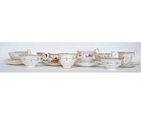 A beautiful 19th century harlequin part tea service having floral and panelled cartouche decoration, one marked for Dresden S