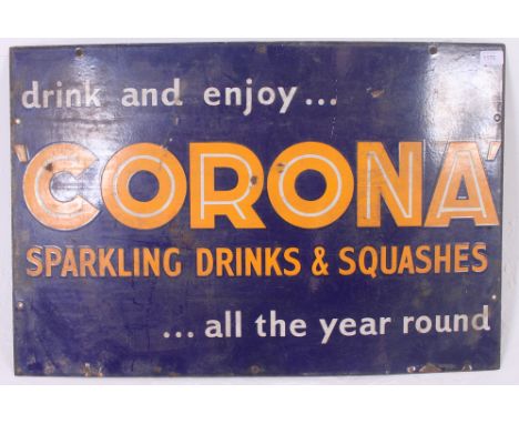 A good  vintage mid 20th century enamel industrial advertising sign. Notation for ' Drink and Enjoy Corona Sparkling Drinks a