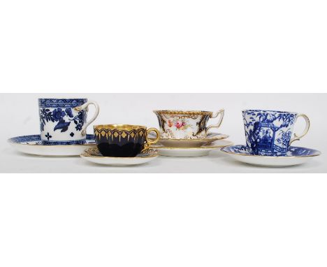 3 early 20th century Coalport trio - cups and saucers. To include batwing cobalt blue trio. Also a blue and white Royal Crown