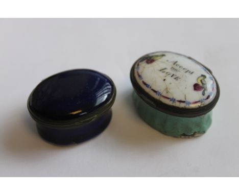 2 19th century ladies ceramic and enamel painted pill boxes both having mirrors inside lids. One blue, the other with ' accep