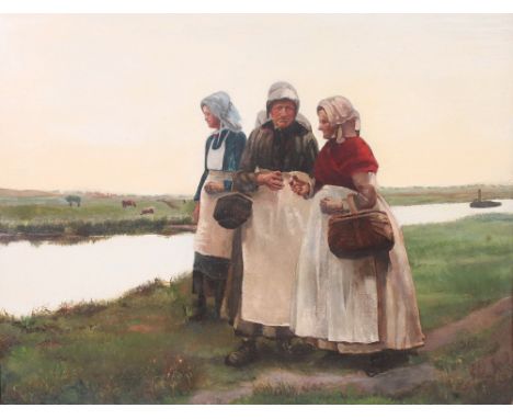 J Catois ( 1800 - )  ' Beside The Canal ' A large imposing oil on canvas painting of women beside a canal. Signed to the lowe