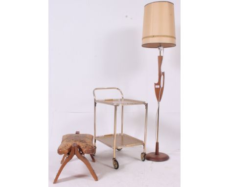 A collection of furniture to include a standard lamp, retro serving trolley, camel stool etc. H154 x W27cm 