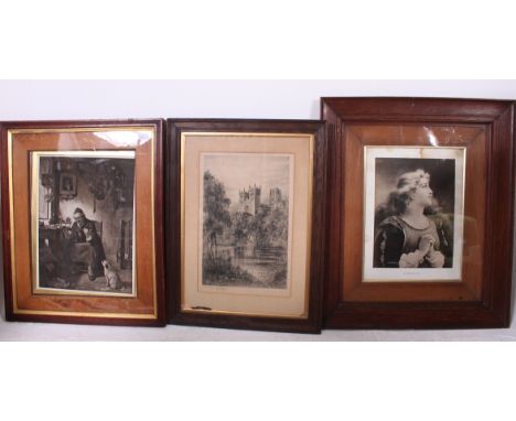 A group of three vintage oak framed and glazed etchings of various images please see images