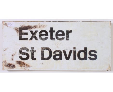 A vintage British Railways enamel station platform sign for Exeter St David's railway station, Southern region. White enamel 