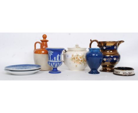 A collection of ceramics to include Royal Copenhagen plates, unusual valved teapot, Wedgwood jasperware urn, Japanese whisky 