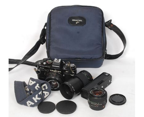 A Cased Praktica vintage 35 mm camera along with lenses to include an F 28 lens