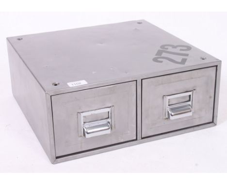 A vintage Industrial mid 20th century table top polished metal stationary twin drawers filing cabinet - ex Douglas motorcycle