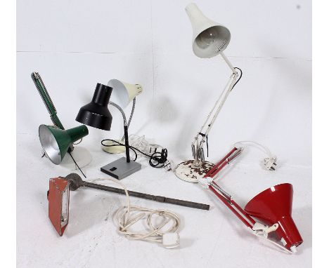 A collection of vintage anglepoise lamps to include red and green, white Herbert Terry style, desktop 1980's examples etc ( s