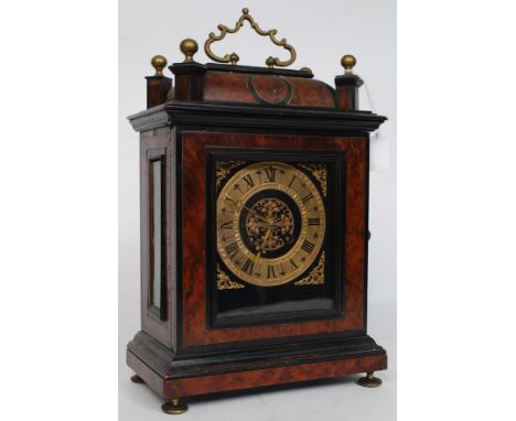 An excellent early 20th century Japy Freres 8 day bracket - mantel clock. Set within an ebonised burr walnut brass inlaid cas