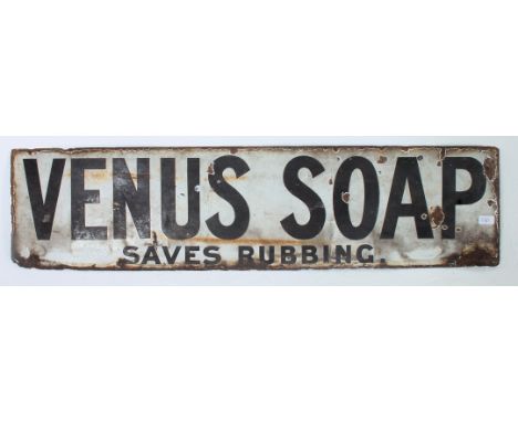 A vintage advertising enamel sign ' Venus Soap - Safer Rubbing ' of rectangular form.