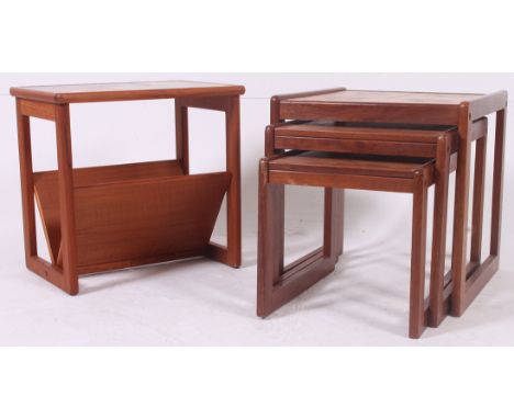 A retro 1970's tile top nest of tables together with a retro tile top magazine rack / canterbury stand