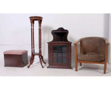 A collection of furniture to include fireside chair, torchere, vintage shoe shine box, folding trolley etc