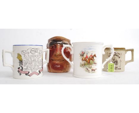 A Royal Worcester hunting scene twin handled loving cup together with a God Speed the Plough, a Sarreguemines toby jug and an