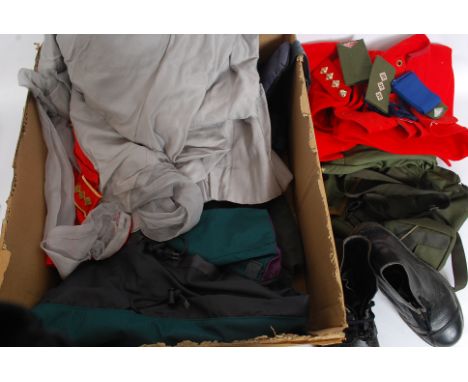 A collection of ARANC / military items / clothing to include; size 6 Army boots, respirator bag, pips, capes, trousers, mess 