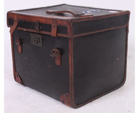 A good vintage canvas and leather luggage travel box shipping case with Cunard & White Star Line labels to exterior. H35 x W4