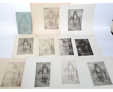 A collection of Audrey Lewis Hopkins etchings of a fisher man, with the original engraving being made from a floor tile, sign