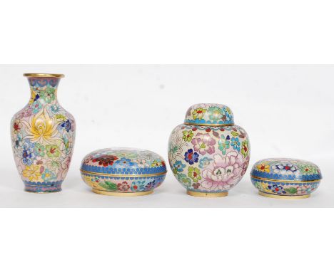 A collection of decorative 20th century enamel cloisonne wares to include pots, lidded bowls etc, each with enamel decoration