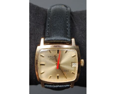 A vintage Cauny Prima Comete 1960's / 1970's gentlemans gold plated wristwatch having gilt square face with baton numerals.  