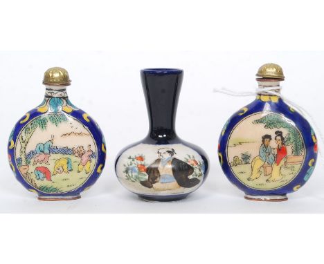 Two enamel Japanese snuff bottles showing children playing and a courting couple along with a vase of small proportions. H6 c