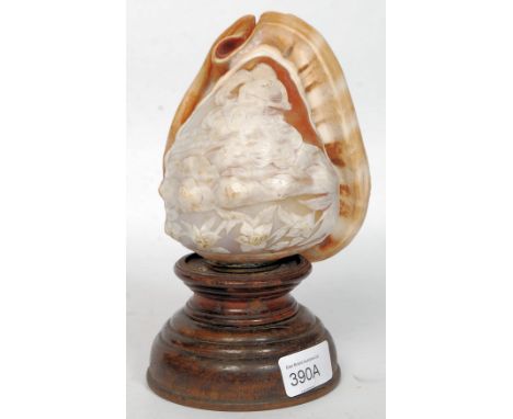 An early 20th century cameo carved conch shell converted to a table lamp - light raised on wooden plinth. The cameo carved wi