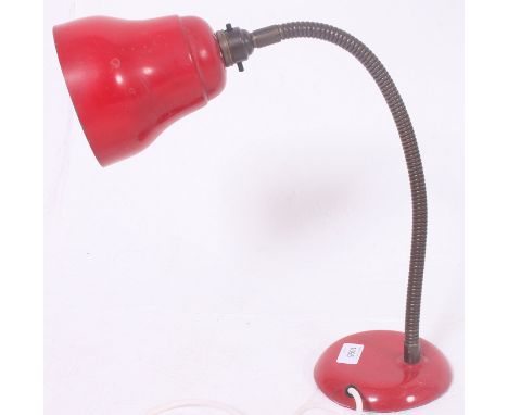 A vintage red gooseneck anglepoise style industrial desk work lamp.  H50 cm Tall, 93 degrees. 
