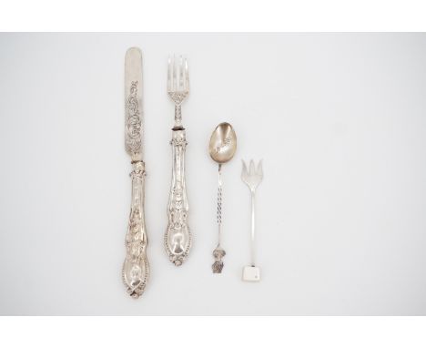 A Victorian silver Christening knife and fork pair, Birmingham, 1864, (a/f), a Queen Victoria Diamond Jubilee commemorative s