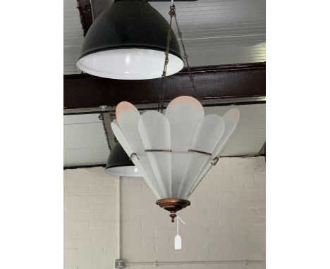 A 1930s Art Deco pendant glass and anodised ceiling light, approx 65 cm drop