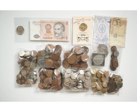 A quantity of GB coins including pennies, two shillings, a presentation Wilkinson Sword £2 coin, and sundry foreign coins etc