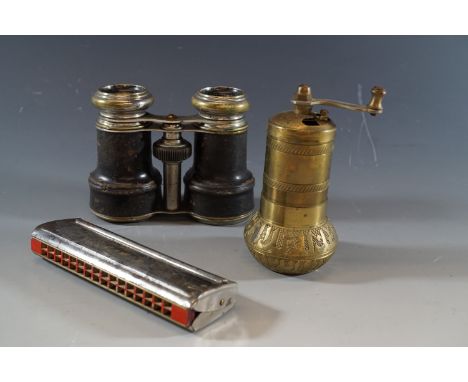 A Hohner harmonica, Verres field / opera glasses and a brass coffee mill