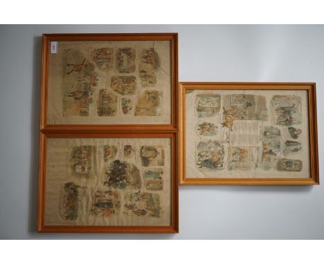 Three 19th Century engravings incorporating hunting themed poetry / song and figural vignettes, framed and mounted under glas