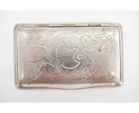 An Edwardian nickel plated snuff box, the cover having wriggle-work engraved flowers surrounding the naive inscription "Ella 