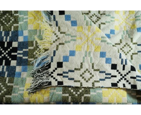A vintage and traditional Welsh wool "tapestry" blanket, woven in tones of lemon yellow and blue, circa 1960, 230 x 195 cm