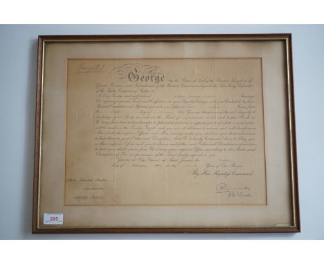 A 1917 British Army commission document, that of Albert Edward Martin, framed and mounted under glass, (NB this could be remo