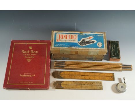 Collectors' items including a boxed "Juneero" patent multi-purpose tool, folding rulers / measures, a carton of "Red-box" car