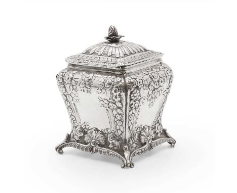 A George IV silver tea caddy by Charles Fox I, London 1820, of bombe form, the gadrooned hinged lid above a embossed body on 