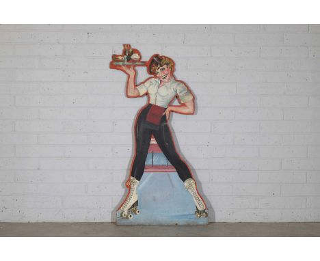 A painted cut-out diner sign, mid-20th century, American, painted as a waitress holding a food-laden tray and wearing roller 