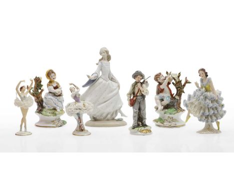 A collection of porcelain figurines comprising a Lladro figure of a girl, 25.5cm high, Three Dresden style figures, largest 1
