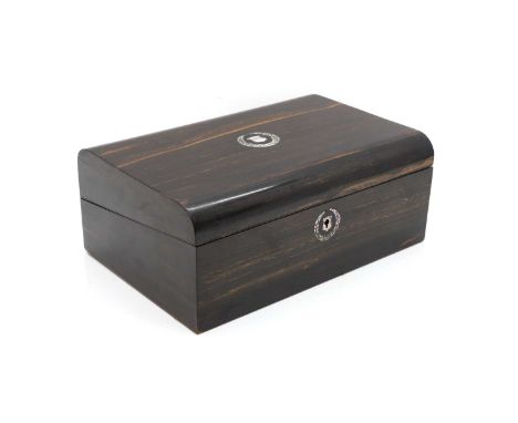 A Victorian coromandel writing box, with mother-of-pearl inlay, opening to reveal a tooled leather inset writing slope, fitte