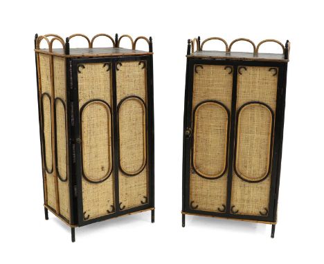 A pair of bamboo and rattan cabinets,  late 19th/ early 20th century, each enclosing three shelves within panelled doors  34c